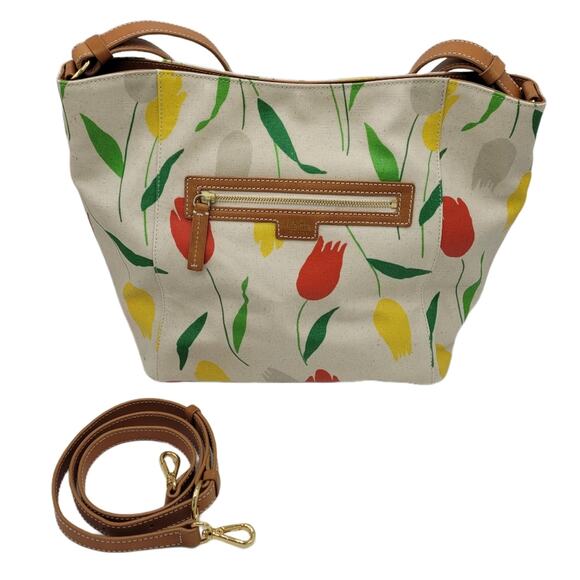 Frances Valentine Tulip Canvas Tote Bag Leather Trim Handle & Shoulder Strap - Picture 3 of 16